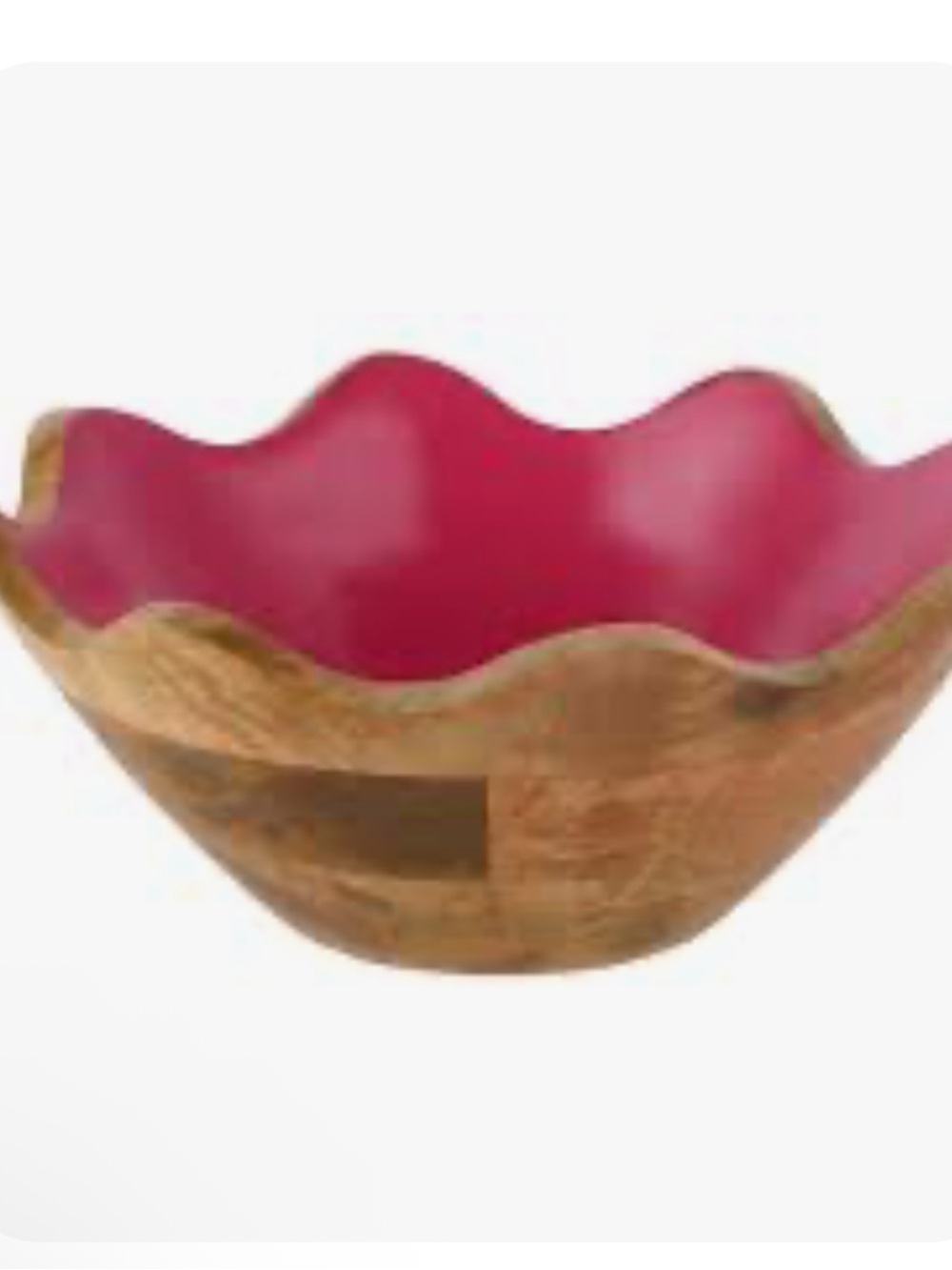 Wooden Scalloped Decorative Bowl with Hot Pink Enamel Interior New